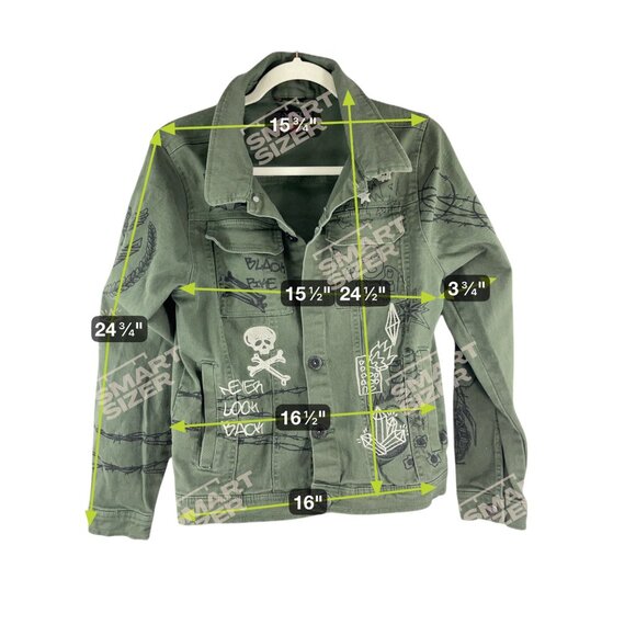 Black Pike Handcrafted Olive Green Denim Jacket Graphic Button Front  Size S - Picture 9 of 9